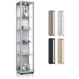 K-Möbel Glasvitrine Silber Glas, 4 höhenverstellbaren Glasböden, Spiegel LED - Standvitrine - Vitrinenschrank Silber