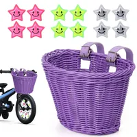 Kinder Fahrradkorb, Kinder Lenkerkorb, geflochtener Fahrradkorb für Kinder vorne, abnehmbarer Rattan-Fahrradkorb mit 12 Stück leuchtenden Sternen für Jungen und Mädchen(Purple)