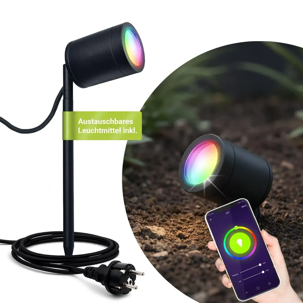 Gartenstrahler mit Erdspieß rund schwarz - Größe: Kurz LED Modul - Lichtfarbe: R...
