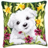 Vervaco Kreuzstich Stickpackungen Kissen Stickerei Set Anfänger Vorgedruckt Westie mit Osterglocken DIY Set Kreativ Set Für Erwachseneca. 40 x 40 cm Bastelset Handwerker Haus Dekoration
