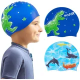 2 Stück Kinder Badekappe Wasserdicht Silikon schwimmhaube für Baby Jungen Badekappe Kleinkinder Badekappe Dinosaurier Badekappen für Kinder für Langes und Kurzes Haar