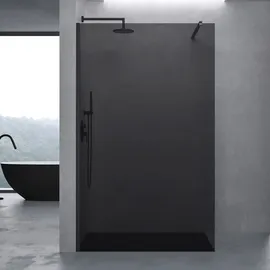 doporro Luxus Duschwand für Dusche Duschabtrennung 140x200cm Schwarz Walk-In Dusche 10mm ESG-Sicherheitsglas vollgrau inkl. Nanobeschichtung Bremen02VG