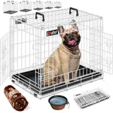 Lovpet Hundekäfig klappbar Hundetransportkäfig Inkl. Fleecedecke + Napf Hundebox mit 2 Türen Transportkäfig Auto Tiertransportbox Hundetransportbox Weiß / s