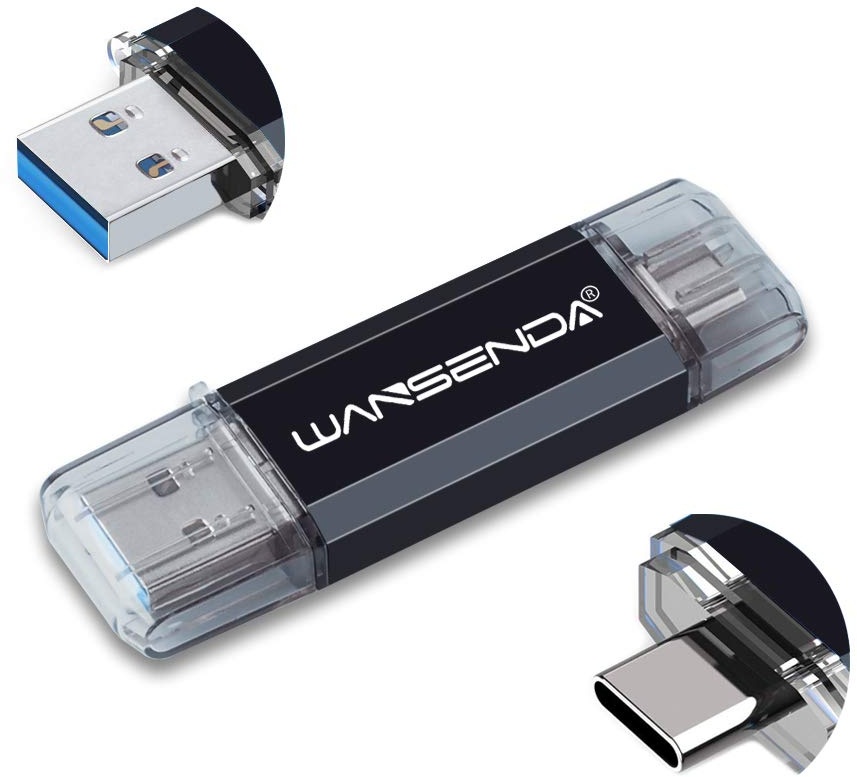 WANSENDA OTG USB Flash Drive 2 in 1 USB 3.0 & Type-C 32GB 64GB 128GB 256GB 512GB USB Photo Stick for Android Devices/PC/Mac (64GB, Black)
