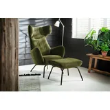 KAWOLA Sessel LOTTE Ohrensessel velvet olivgrün mit Hocker