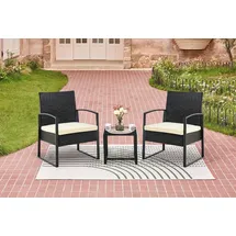 Happy Home 3tlg. Casual-Set Balkonset Sitzgruppe schwarzes Rattan mit Sitzkissen in beige