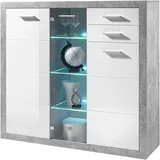 Stella Trading Highboard STONE weiß Hochglanz, Wohnzimmerschrank mit Schubladen und LED-Beleuchtung - 137 x 134 x 37 cm B/H/T: