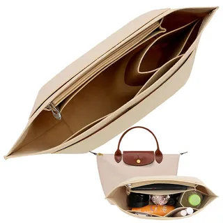 Amazleer Handtaschen Organizer für Longchamp Tasche, Damen Taschen Organizer für Longchamp Pliage, Purse Organizer, Multi-Pocket Handbag Organizer für Langem Griff Le Pliage (Beige, L)