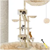 tectake Katzen Kratzbaum, Katzenbaum XXL, Kratzbaum deckenhoch, höhenverstellbar von 243-260cm, Kletterbaum mit Treppe, Höhle, Röhre, Liegemulde und Sisalsäule - beige/weiß