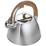 Luckyberg Moderne Wasserkessel Induktion Pfeifkessel aus Edelstahl, Teekessel für alle Kochplatten, Flötenkessel, Wasserkocher für Tee Kaffee, ca 3,0L (Silber/Brown matt)