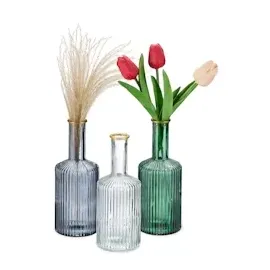 Relaxdays Vasen aus Glas, im 3er Set, Blumenvasen in Flaschenform, H x D: 20,5 x 8 cm, Dekovasen gerillt, mehrfarbig