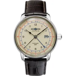 Zeppelin Herrenuhr LZ 126 Los Angeles 76685 - Beiges Ziffernblatt mit silbernen Zahlen/Indices,dunkelbraun,weiße Naht - 42mm