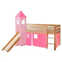 TICAA Hochbett Kasper mit Rutsche und Turm 90 x 200 cm Kiefer massiv natur rosa/pink