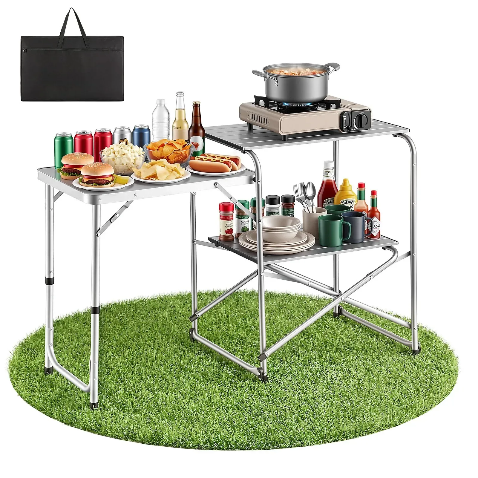 VEVOR Klappbarer Campingtisch, Campingkochstation mit Beistelltisch, Hitzebeständiger Tischplatte und Tragetasche, Tragbare Camping-Küchenstation Ideal für Picknick, Grillen und Wohnmobilreisen