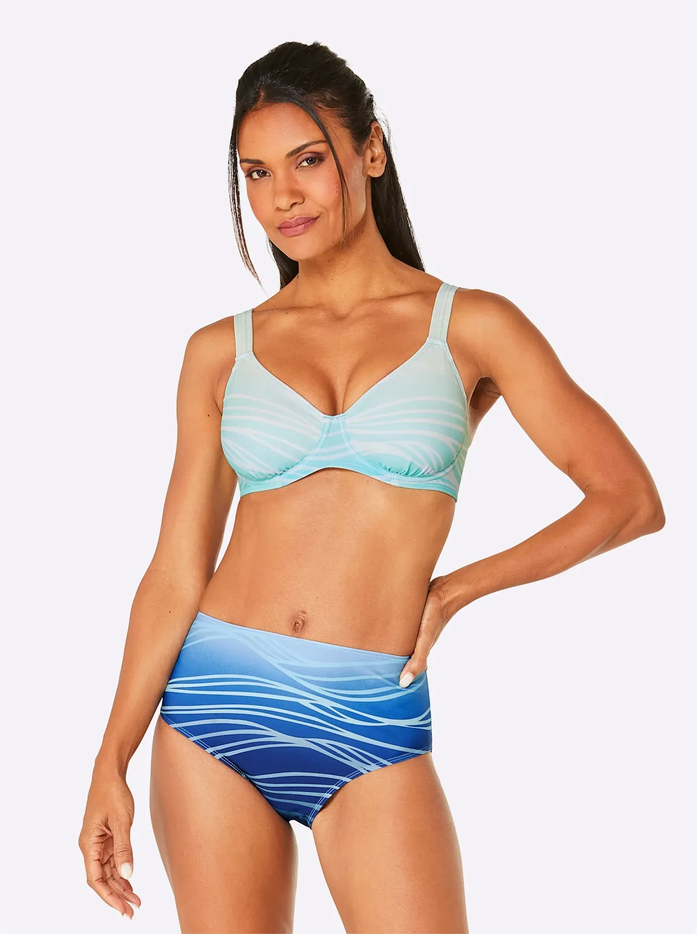 Balconette-Bikini FEEL GOOD, Damen, Gr. 46, Cup D, blau (aqua, mittelblau, bedruckt), Elasthan, Polyamid, Bikini-Sets Balconette-Bikini