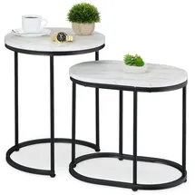 Relaxdays Satztisch, 2er Set, Beistelltisch rund & oval, Marmoroptik, Metallbeine, Wohnzimmer, Couchtisch, weiß/schwarz