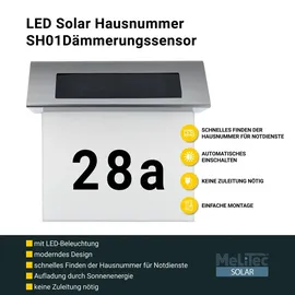 Melitec Solar-Hausnummer SH01 moderne LED-beleuchtete Hausnummer für außen, wasserdicht, aus Edelstahl, kabellose Solar-Hausnummernleuchte | Weiß/Silber