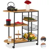 Relaxdays Servierwagen, Küchenwagen m. 3 Ablagen & 3 Körben, Industrie, Metall & MDF, HBT 84x83x37 cm, schwarz/hellbraun, Design C