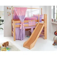 Hochbett LEO Kinderbett mit Rutsche Spielbett Bett Natur geölt Lila/Rosa/Herz