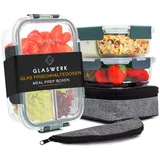 GLASWERK Meal Prep Boxen (3x 1040 ml) mit 1, 2 & 3 Kammern, inkl. Transporttasche, Glasbehälter mit Deckel, Frischhaltedosen mit Deckel, Gefrierdosen Set, Glas Vorratsdosen, Auflaufform Glas