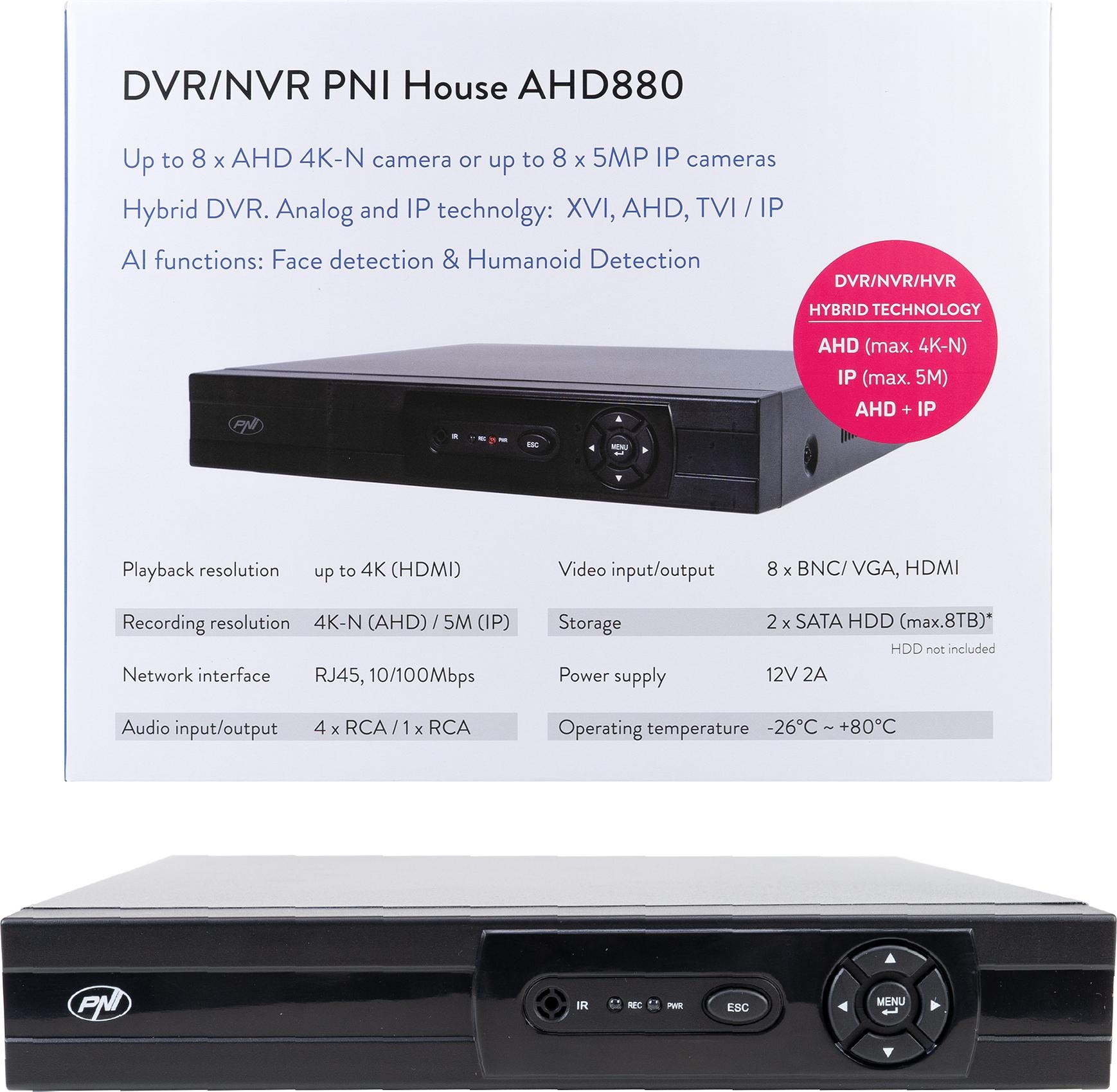 PNI DVR/NVR PNI House AHD880, 8 analoge Kanäle 4K-N oder 8 IP-Kanäle 5MP, H265+, Audioeingang, Audioausg, Streaming Media Player