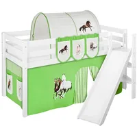 Spielbett JELLE 90 x 190 cm Pferde Grün Beige - Hochbett LILOKIDS - Weiß - mit schräger Rutsche und Vorhang - Weiß/Grün/Beige