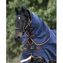 Horseware Rambo Supreme Hood 50g - Navy/Orange: Atmungsaktiv, Wasserdicht/Winddicht, Extrem Reißfest - Halsteil mit 50g Füllung für Pferd, Klassisch, Navyblau/Orange, S, Winter