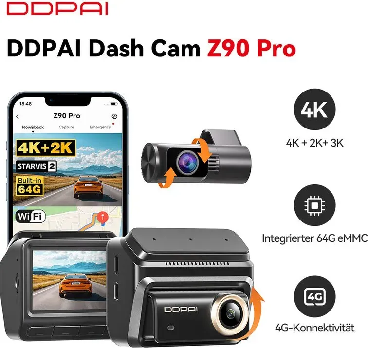 Neue DDPAI Z90Pro Dual-Dashcam, 2-Kanal, 4K+2K, Sony STARVIS 2 IMX678, HDR, Auto-DVR, ADAS, Sprachsteuerung, Parkmodus, WLAN, integriertes 64 GB eMMC-Speicher