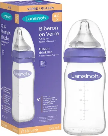 Lansinoh Glas-Weithalsflache 160ml Mit Natural Wave Sauger Größe S 1 Stück