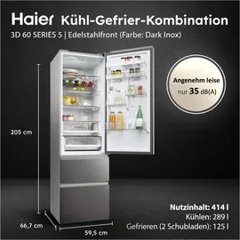 Haier HTW5620CNMP 3D 60 Serie 5 Kühl-Gefrierkombination (414 l, 2050 mm hoch, Dark Inox)