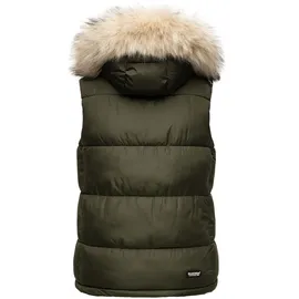 Marikoo Damen, Winter Weste Steppweste mit Kapuze und Fellkragen B896 [B896-Eisflöckchen-Olive-Gr.S] - S
