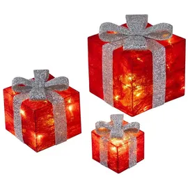 Bambelaa! 3er Led Deko Geschenke Leucht Boxen Timer Weihnachts Dekoration Weihnachtsdeko Beleuchtet Deko Weihnachten (Rot)