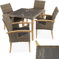 tectake® Rattan Möbel Set, 4X Stühle, 1x Tisch, modern, Korbsessel mit Armlehne, Esstisch Marmor Optik, Esszimmer Lounge Gartenmöbel für Balkon, Terrasse, Wintergarten, Outdoor Küche - Natur