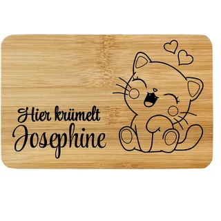Girahlutions Frühstücksbrettchen Brettchen Bambus Holz Katze (#1) mit Lasergravur Hier krümelt .. mit Wunschname Personalisiert
