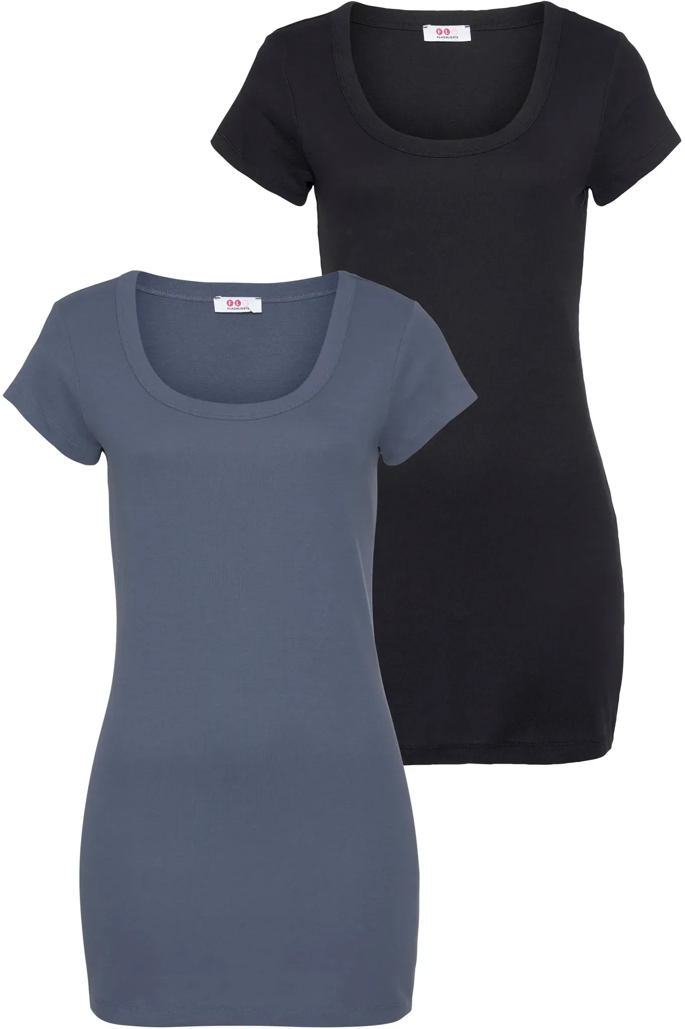T-Shirt FLASHLIGHTS, Damen, Gr. 36/38 (S), blau (rauchblau, schwarz), Feinripp, Obermaterial: 100% Baumwolle, unifarben, Basic, sehr figurbetont Po-bedeckend, Rundhals, Shirts T-Shirt, figurbetonter Schnitt, unifarben, Rundhalsausschnitt