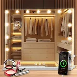 Puranex Hollywood Spiegel Schminkspiegel mit Beleuchtung, Kosmetikspiegel 58 x 46 cm, 15 LED Mirror Super HD für Make-up, 3 Lichtfarben Dimmbar Touch Control, USB, inkl. 10-Fach Vergrößerungsspiegel
