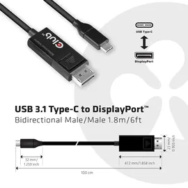 Club 3D USB-C zu DisplayPort Adapterkabel 1,80 m Schwarz