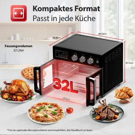 TurboTronic digitaler Heißluftofen - XXL 32 Liter mit Drehspieß 4in1 Mini Backofen & Power Heißluftfritteuse Airfryer schwarz
