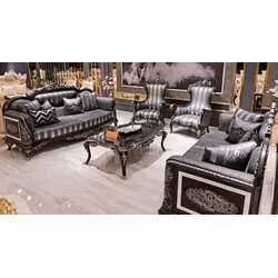 Casa Padrino Luxus Barock Wohnzimmer Set Grau / Schwarz / Silber - 2 Barock Sofas & 2 Barock Sessel & 1 Barock Couchtisch - Barock Wohnzimmer Möbel
