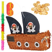 Relaxdays 291 TLG. Pinata Set Piratenschiff, Pinatastab & Augenbinde, 288 Goldtaler, Piraten Piñata, Stab mit Augenmaske, bunt