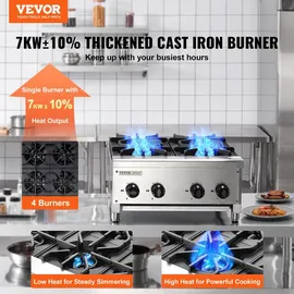 Vevor Kommerzieller Gasherd Gaskochherd mit 4 Gaskochfelder, Propan / Erdgas-Kochherd Edelstahl-Gaskochplatte, kommerzielles Kochgerät 610 x 775 x 335 mm für Restaurants Hotel Café 28 kW
