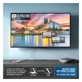 CSL HDMI Typ D (Micro) 2.0 zu HDMI Typ A Kabel, 4K, Ethernet, Ultra HD 2160p (3840 × 2160 Pixel) - 1m