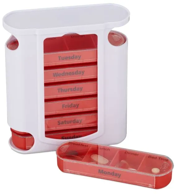 Relaxdays 10 x Pillendose 7 Tage 4 Fächer Englisch Weiß,Rot,Transparent