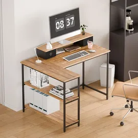 Mondeer L-Förmiger Computertisch Abnehmbare Monitorständer mit 2 Schubladen, Schreibtisch mit 2 Regalen links oder rechts 120x90x90cm, Vintage Braun