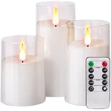 Britesta Candle: 3er-Set LED-Echtwachskerzen in transparenten Acrylgläsern, 3 Größen (LED-Kerzen-Set mit Fernbedienung, LED-Kerzen mit Zeitschaltung, Fernbedienungen)