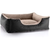 BedDog Hundebett Teddy, Hundesofa aus Cordura und Microfaser-Velours, waschbares Hundebett mit Rand, Hundekissen Vier-eckig, für drinnen, draußen, Größe L, schwarz-beige