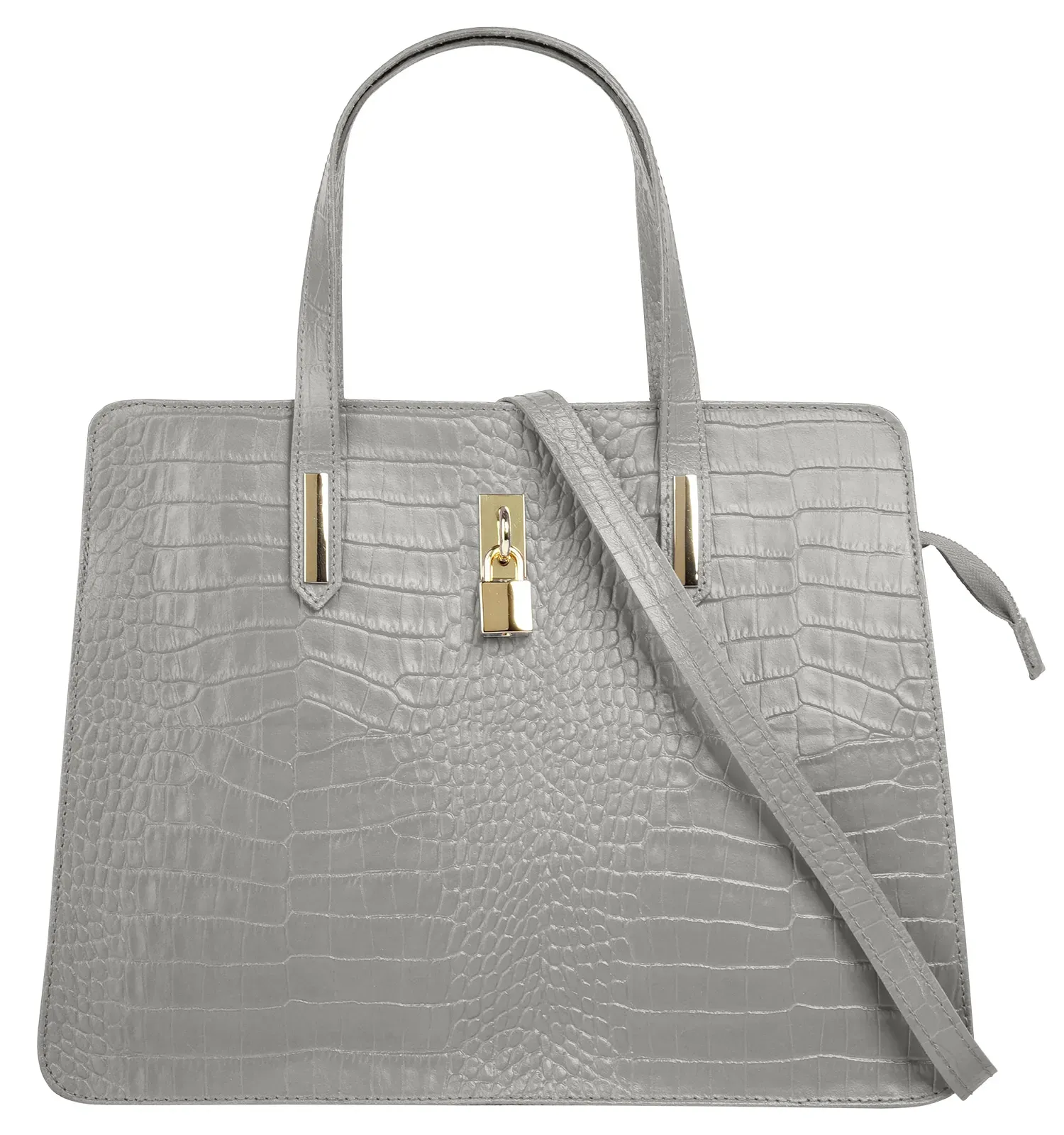 Henkeltasche CLUTY, Damen, Gr. B/H/T: 36cm x 28cm x 8cm onesize, grau, Leder, Reptilienprägung, Taschen, echt Leder, Made in Italy
