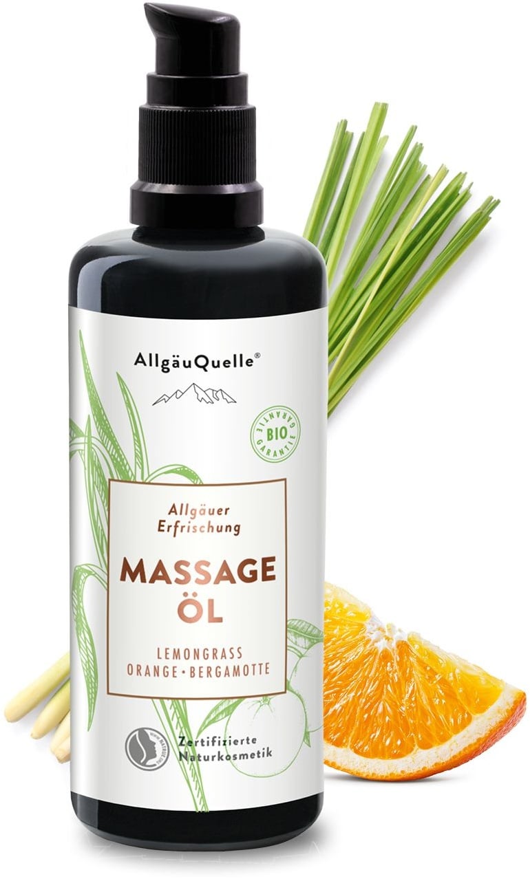 AllgäuQuelle BIO Massageöl 100% naturreine ätherische Ölen aus Lemongrass, Orange, Bergamotte, vegan 100 ml