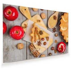 Primedeco Glasbild Wandbild Vorbereitung Apfelkuchen mit Aufhängung, Früchte rot 75 cm x 50 cm
