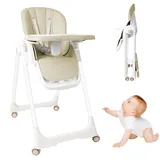 UISEBRT Kinderhochstuhl Klappbar, Höhenverstellbarer Baby Essstuhl mit Liegefunktion, Verstellbarem Doppeltablett und 5-Punkt-Gurt, Tragbarer Hochstuhl für Zuhause und Unterwegs, Beige
